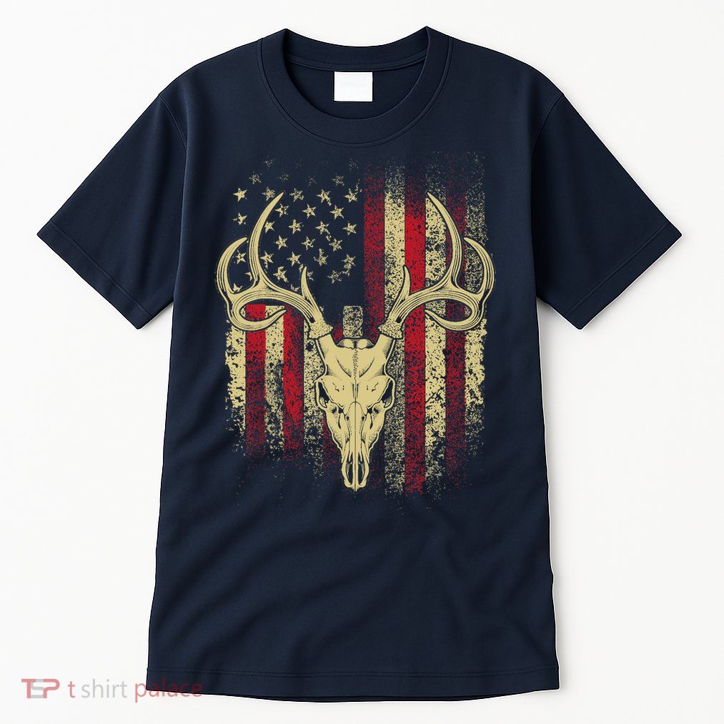 Bucks Antlers and Skull on an American Flag Deer Hunters Tall T-Shirt