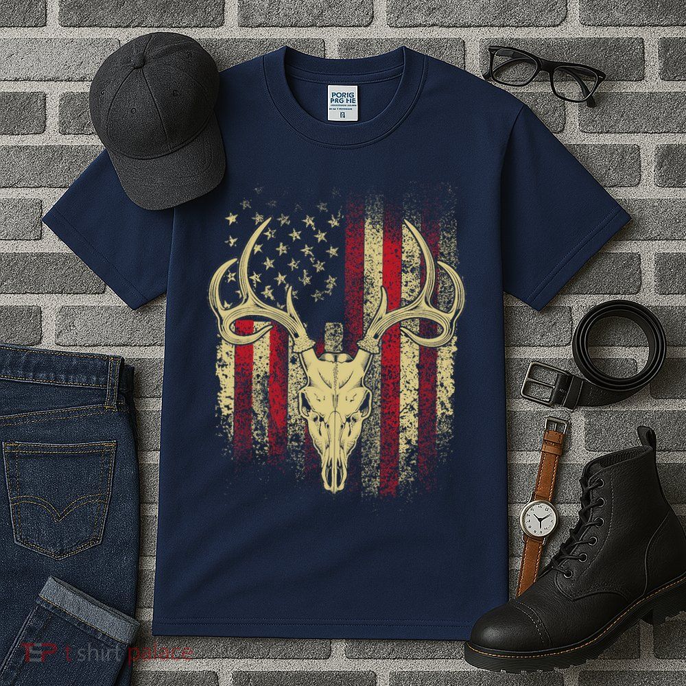 Bucks Antlers and Skull on an American Flag Deer Hunters Tall T-Shirt