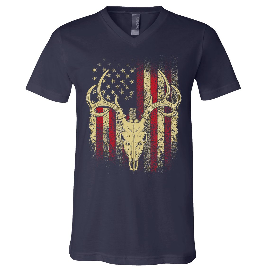 Bucks Antlers and Skull on an American Flag Deer Hunters V-Neck T-Shirt