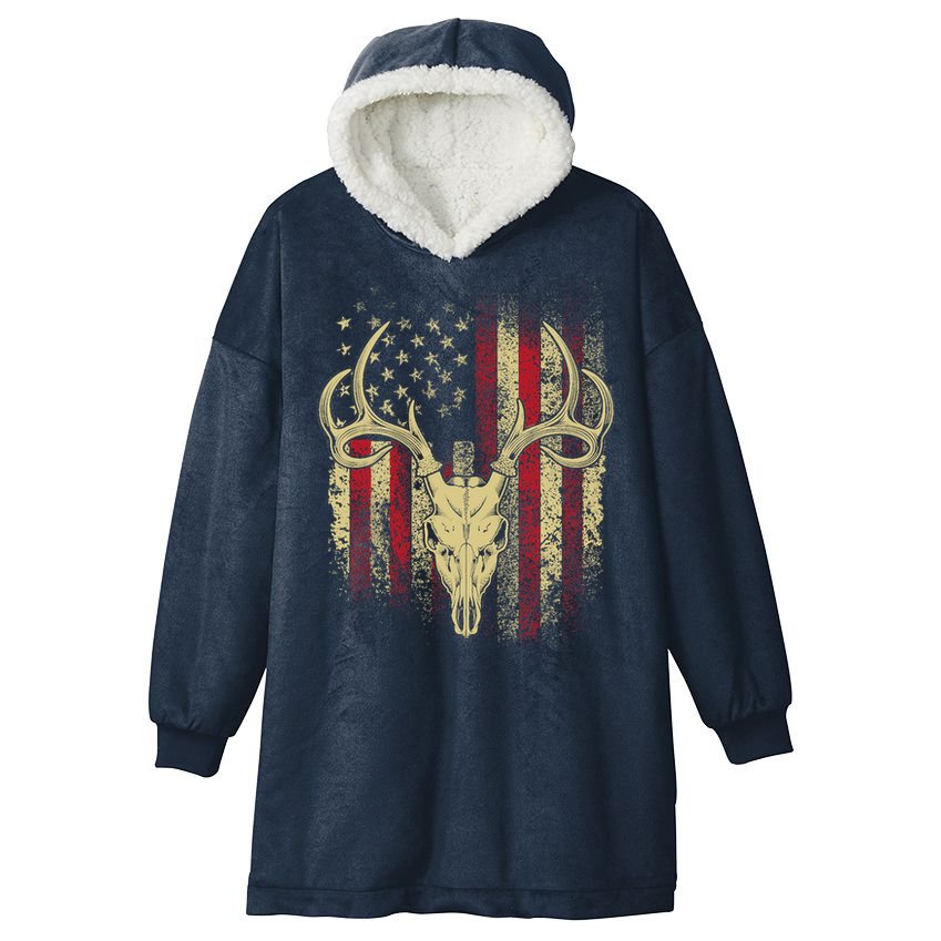 Bucks Antlers and Skull on an American Flag Deer Hunters Hooded Wearable Blanket