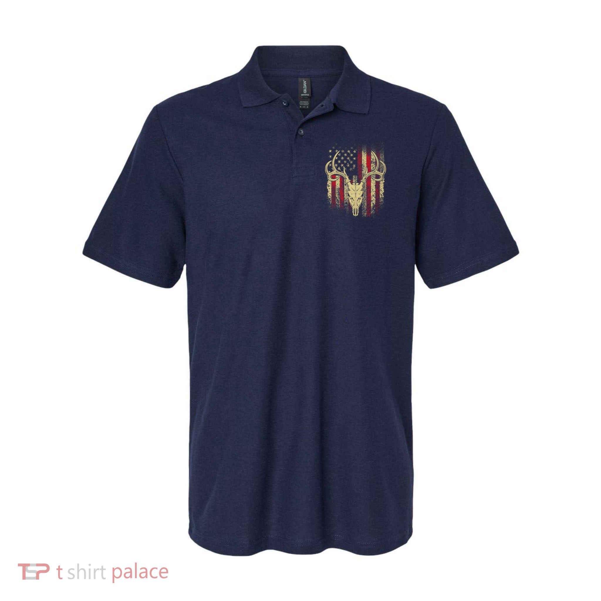 Bucks Antlers and Skull on an American Flag Deer Hunters Polo