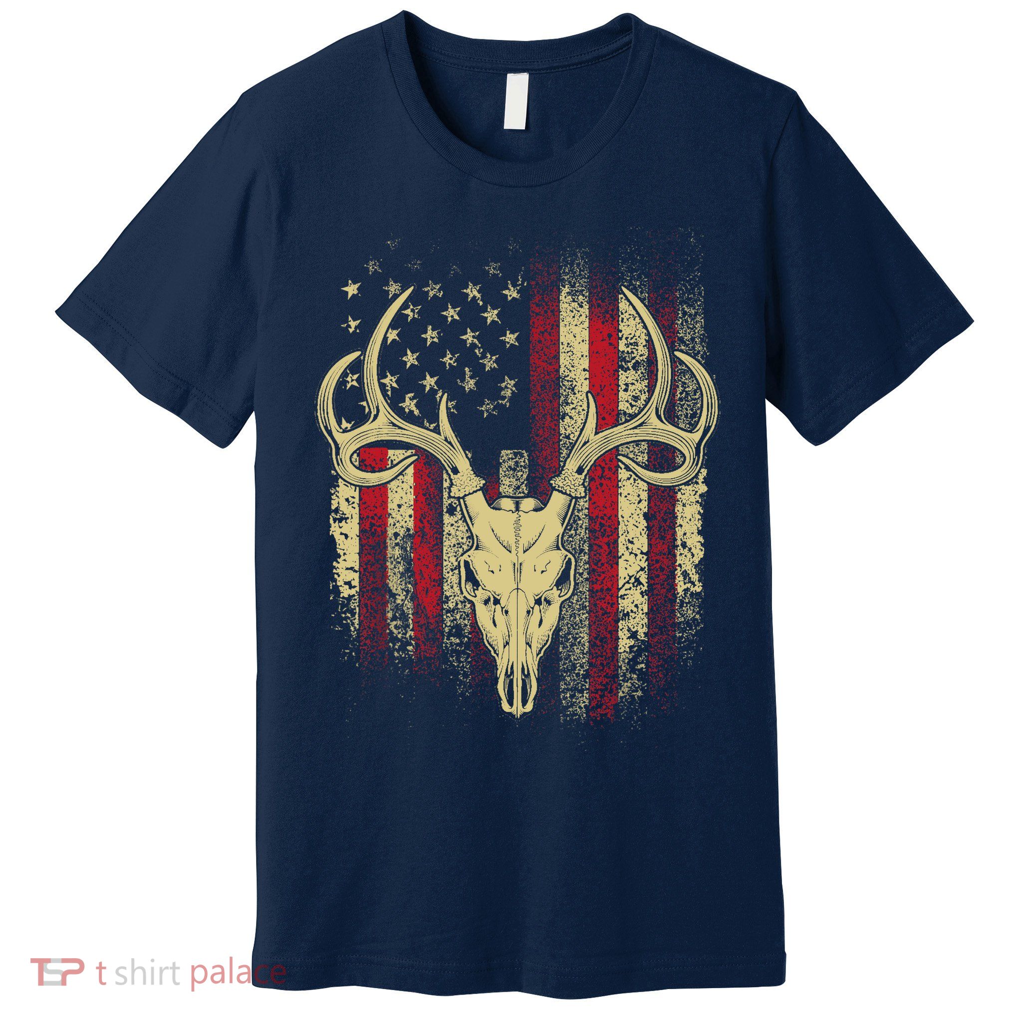 Bucks Antlers and Skull on an American Flag Deer Hunters Premium T-Shirt