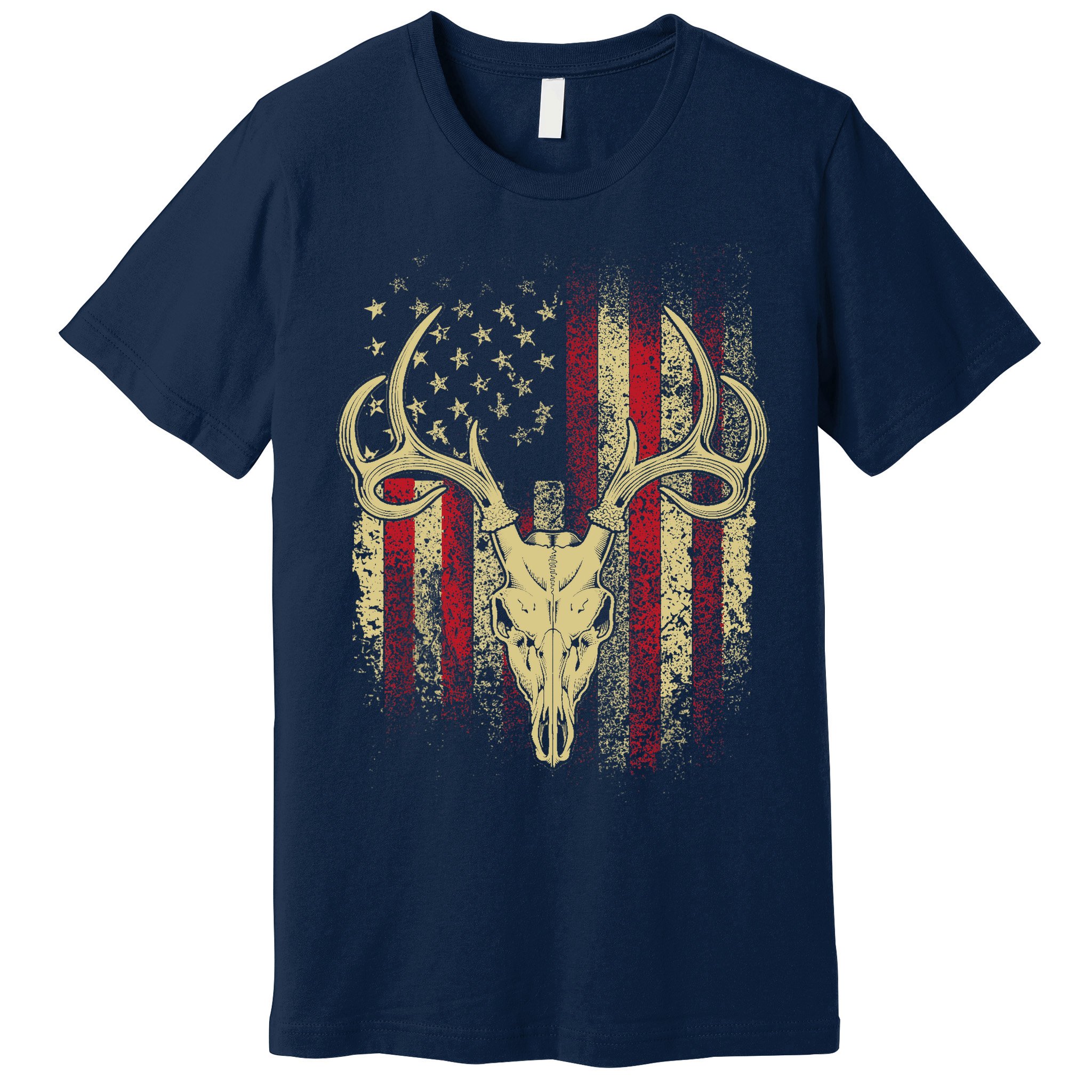 Bucks Antlers and Skull on an American Flag Deer Hunters Premium T-Shirt