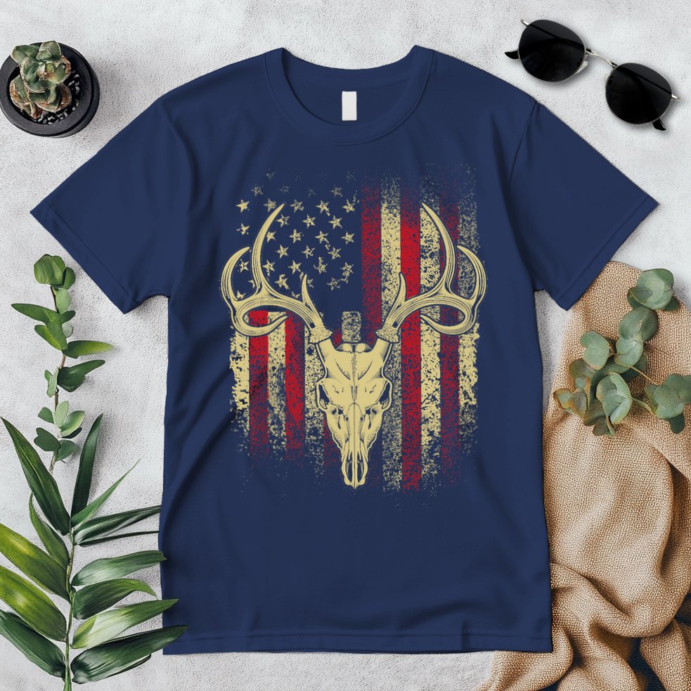 Bucks Antlers and Skull on an American Flag Deer Hunters Premium T-Shirt