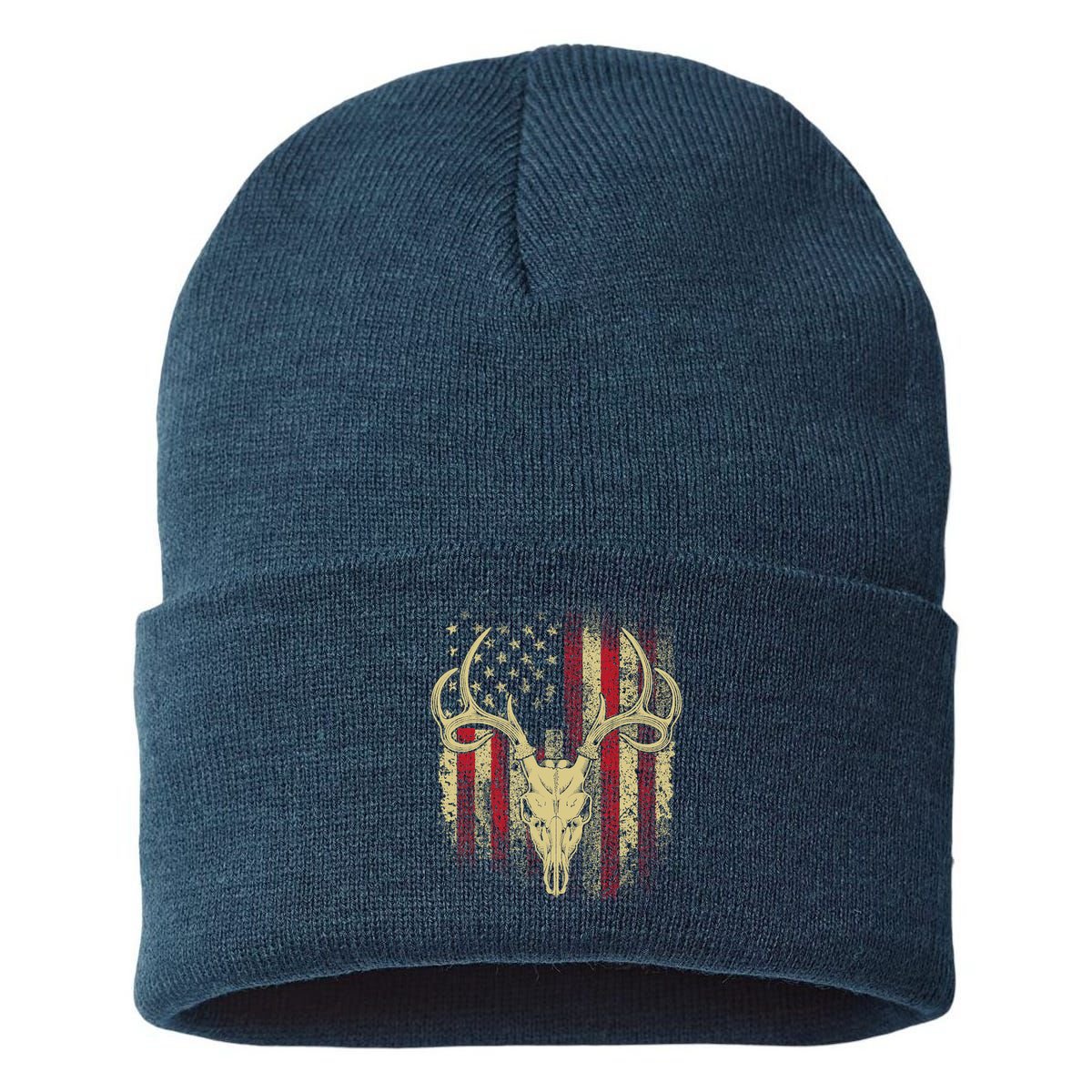 Bucks Antlers and Skull on an American Flag Deer Hunters Sustainable Knit Beanie