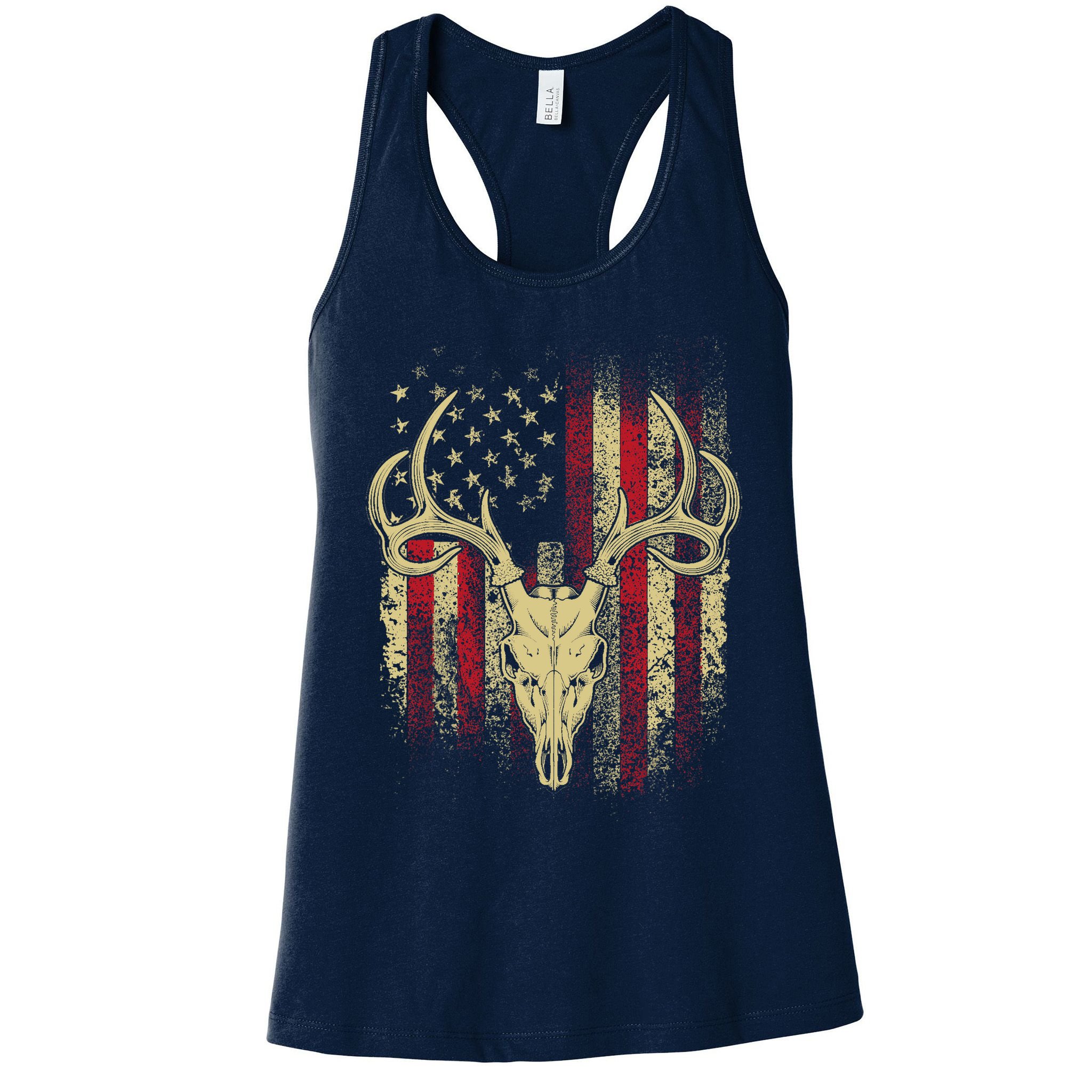 Bucks Antlers and Skull on an American Flag Deer Hunters Womens Tank Top