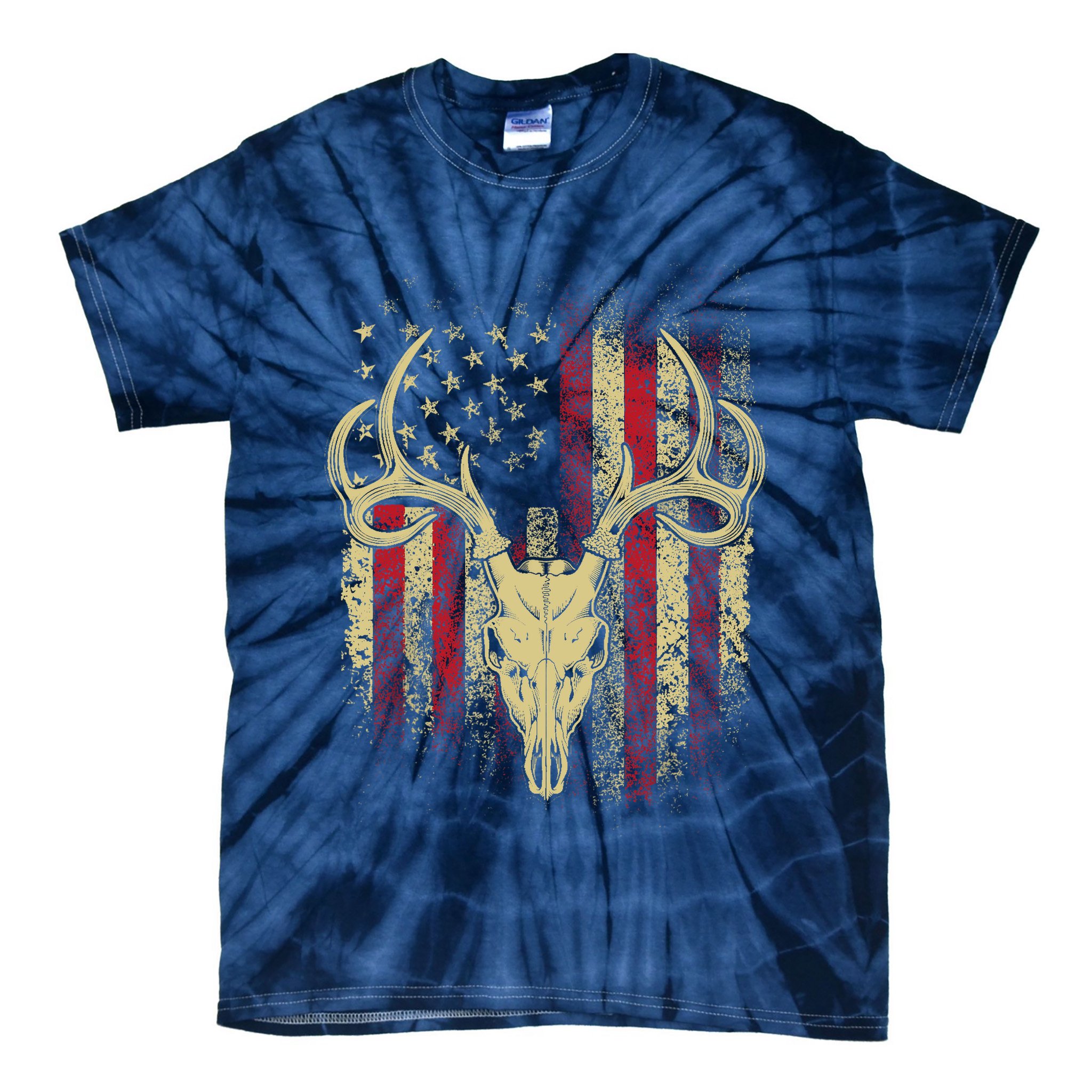 Bucks Antlers and Skull on an American Flag Deer Hunters Tie-Dye T-Shirt