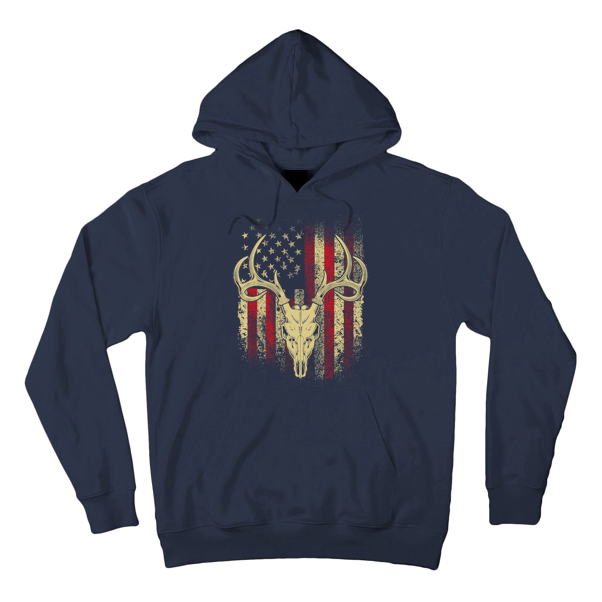 Bucks Antlers and Skull on an American Flag Deer Hunters Tall Hoodie