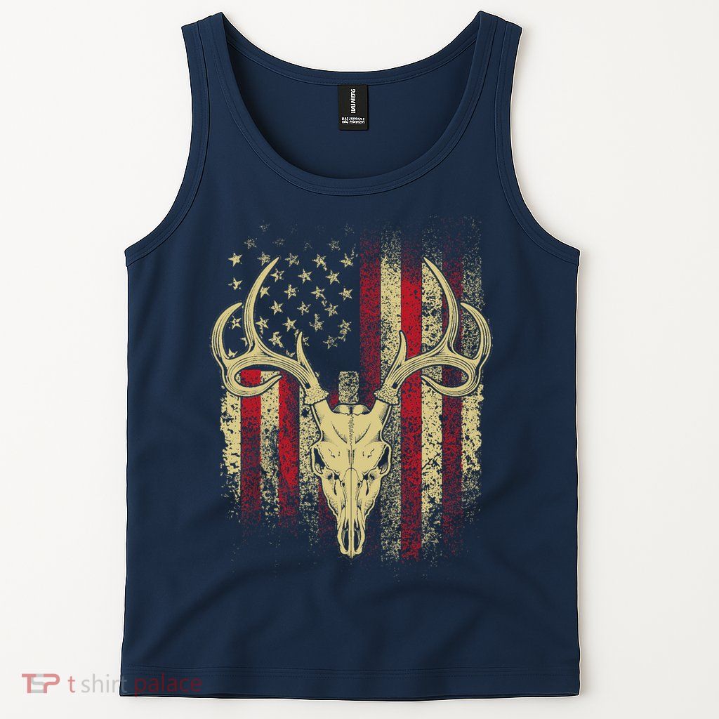 Bucks Antlers and Skull on an American Flag Deer Hunters Tank Top