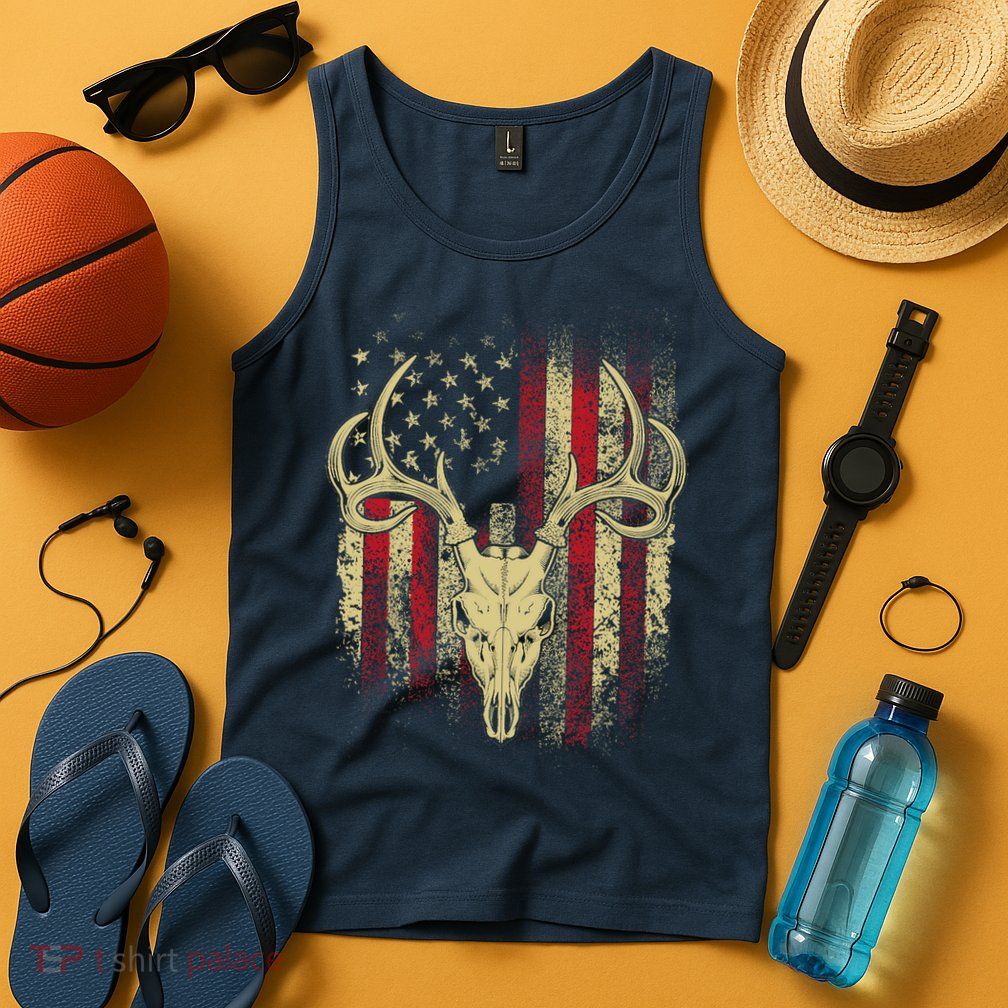 Bucks Antlers and Skull on an American Flag Deer Hunters Tank Top