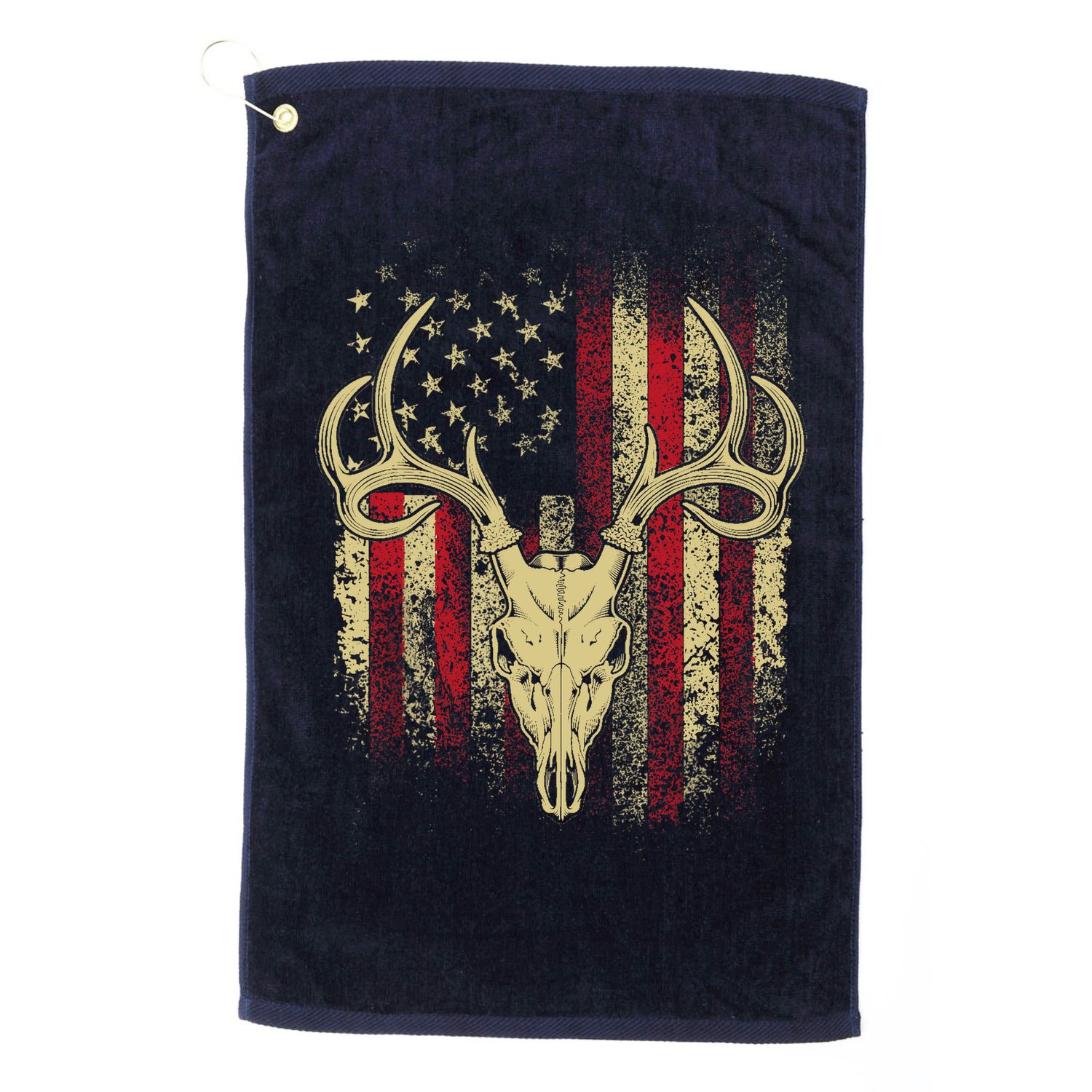 Bucks Antlers and Skull on an American Flag Deer Hunters Golf Towel