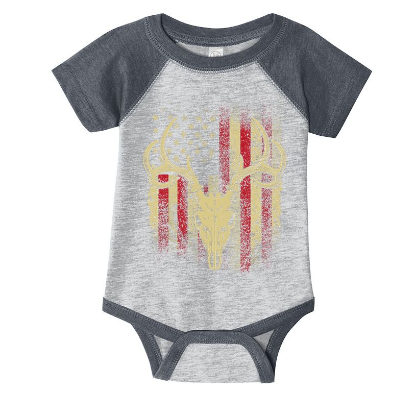 Bucks Antlers and Skull on an American Flag Deer Hunters Infant Baby Jersey Bodysuit