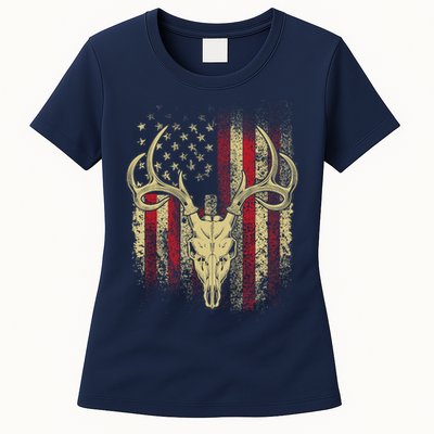 Bucks Antlers and Skull on an American Flag Deer Hunters Womens T-Shirt