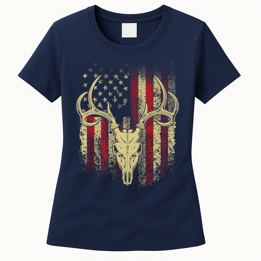 Bucks Antlers and Skull on an American Flag Deer Hunters Womens T-Shirt