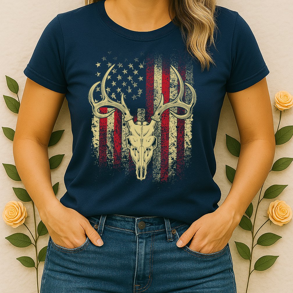 Bucks Antlers and Skull on an American Flag Deer Hunters Womens T-Shirt