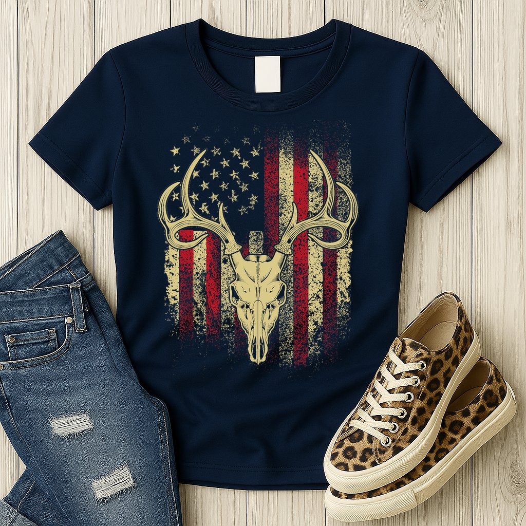Bucks Antlers and Skull on an American Flag Deer Hunters Womens T-Shirt