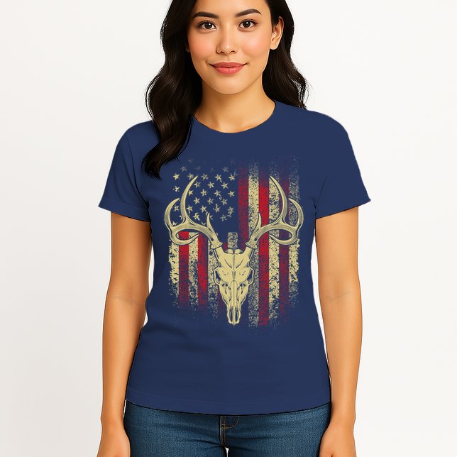 Bucks Antlers and Skull on an American Flag Deer Hunters Womens T-Shirt