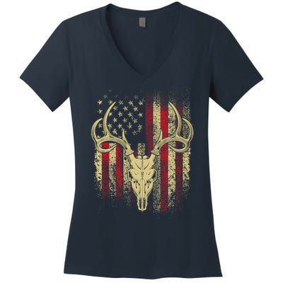 Bucks Antlers and Skull on an American Flag Deer Hunters Women's V-Neck T-Shirt
