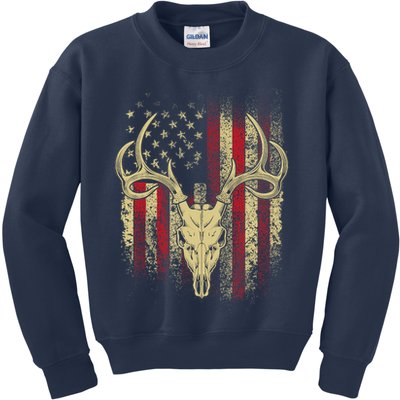 Bucks Antlers and Skull on an American Flag Deer Hunters Kids Sweatshirt