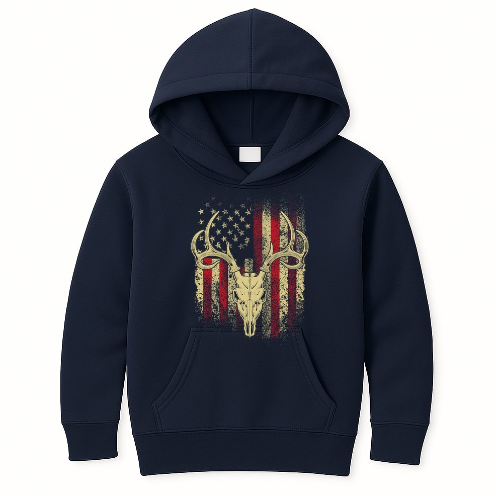 Bucks Antlers and Skull on an American Flag Deer Hunters Kids Hoodie