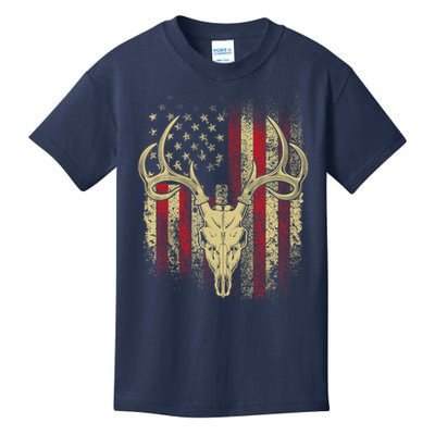 Bucks Antlers and Skull on an American Flag Deer Hunters Kids T-Shirt