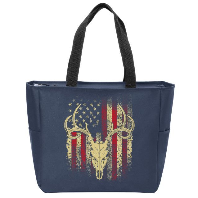Bucks Antlers and Skull on an American Flag Deer Hunters Zip Tote Bag