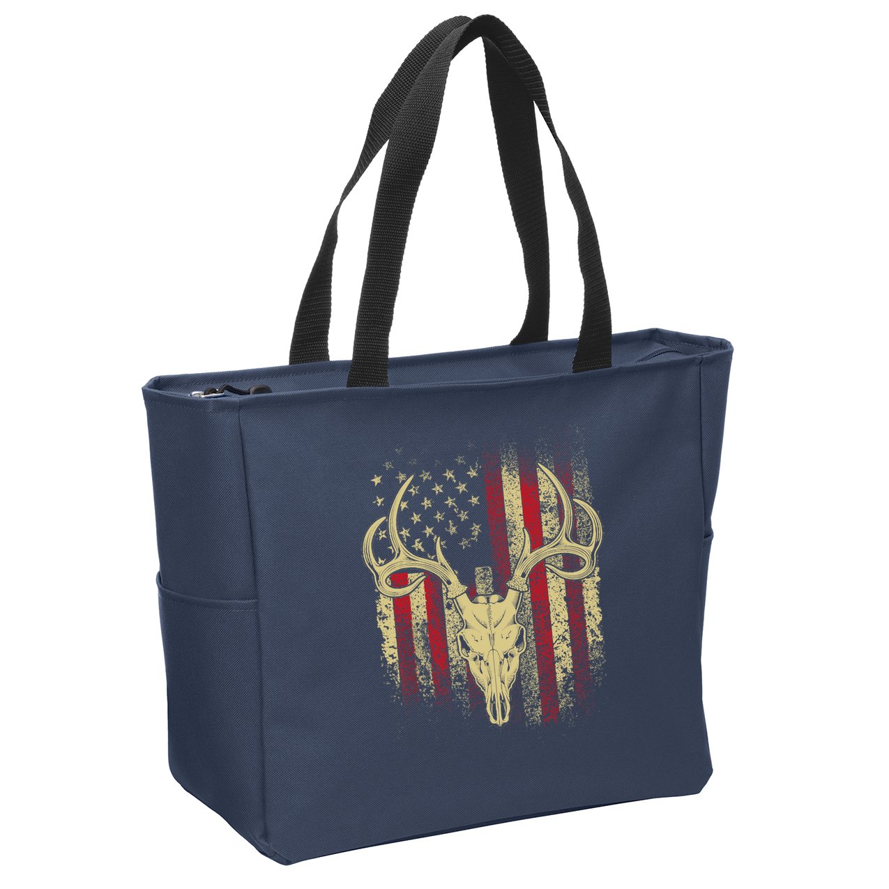 Bucks Antlers and Skull on an American Flag Deer Hunters Zip Tote Bag