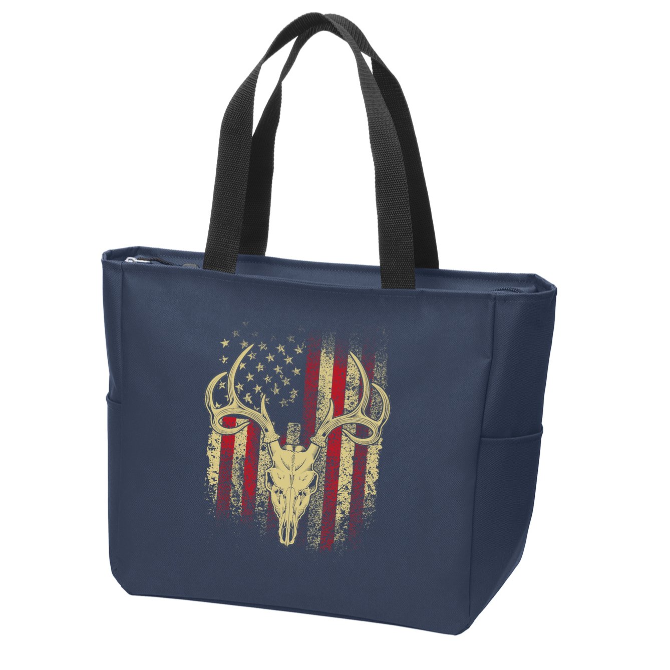 Bucks Antlers and Skull on an American Flag Deer Hunters Zip Tote Bag