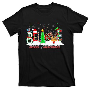 Believe Autism Awareness Christmas Tree Light Santa Reindeer T-Shirt