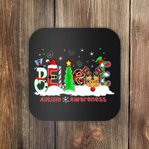 Believe Autism Awareness Christmas Tree Light Santa Reindeer Coaster