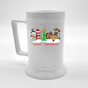 Believe Autism Awareness Christmas Tree Light Santa Reindeer Beer Stein