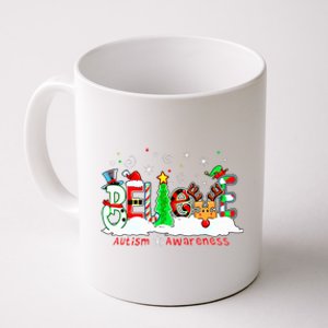 Believe Autism Awareness Christmas Tree Light Santa Reindeer Coffee Mug