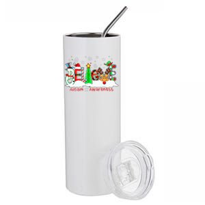 Believe Autism Awareness Christmas Tree Light Santa Reindeer Stainless Steel Tumbler