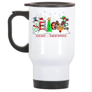 Believe Autism Awareness Christmas Tree Light Santa Reindeer Stainless Steel Travel Mug