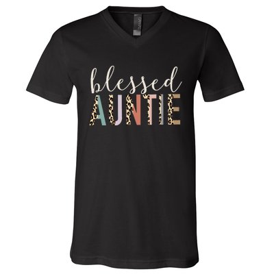 Blessed Auntie Aunt Cute Leopard Print V-Neck T-Shirt