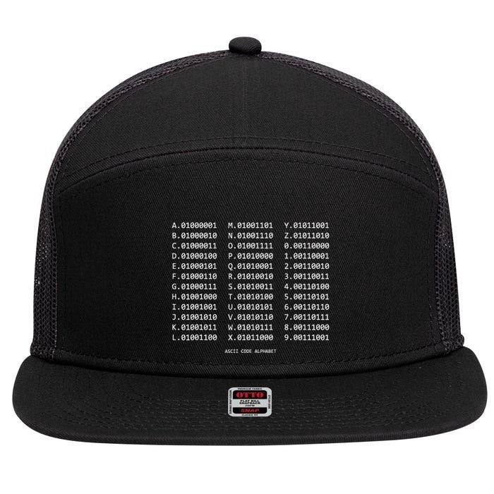 Binary Alphabet Abc + Numbers In Binary Code 7 Panel Mesh Trucker Snapback Hat