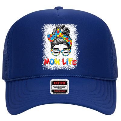 Bleached Autistic Autism Awareness Mom Life Mother Great Gift High Crown Mesh Back Trucker Hat