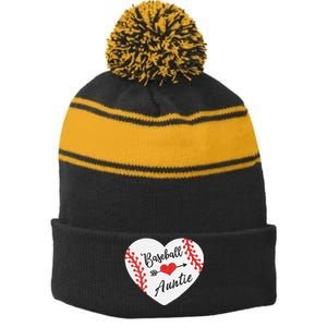 Baseball Auntie Aunt Heart Softball Stripe Pom Pom Beanie