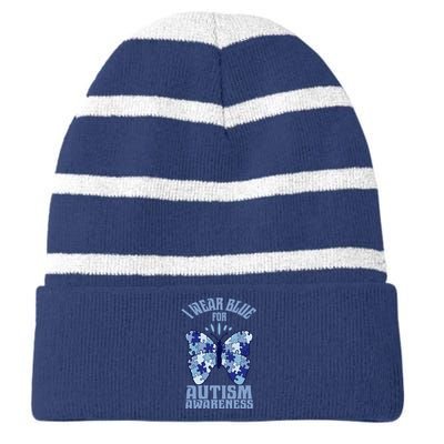 Butterfly Autism Awareness Gift Striped Beanie with Solid Band