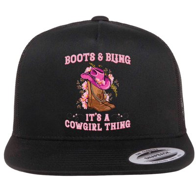 Boots And Bling Its A Cowgirl Thing Cute Love Country Flat Bill Trucker Hat