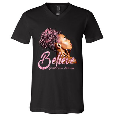 Believe Afro Black Girls Breast Cancer Awareness Gift V-Neck T-Shirt