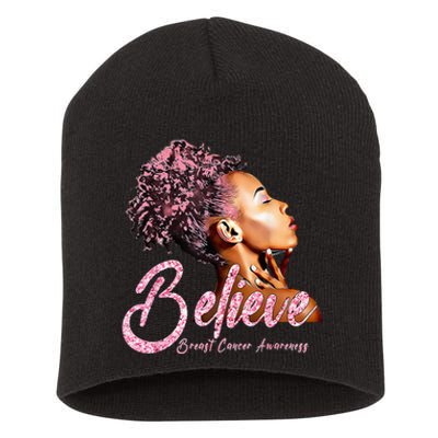 Believe Afro Black Girls Breast Cancer Awareness Gift Short Acrylic Beanie