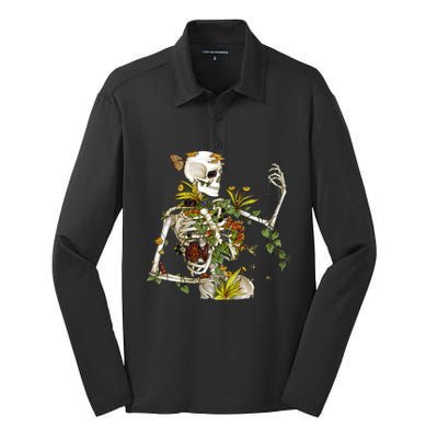 Bones And Botany Funny Skeleton Plants Botanical Gift Silk Touch Performance Long Sleeve Polo