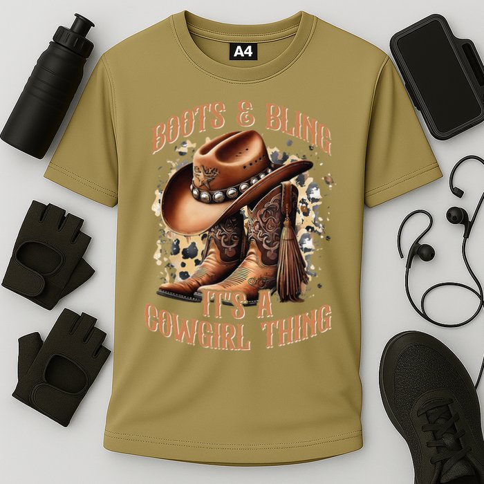 Boots And Bling Its A Cowgirl Thing Cowboy Hat Cooling Performance Crew T-Shirt