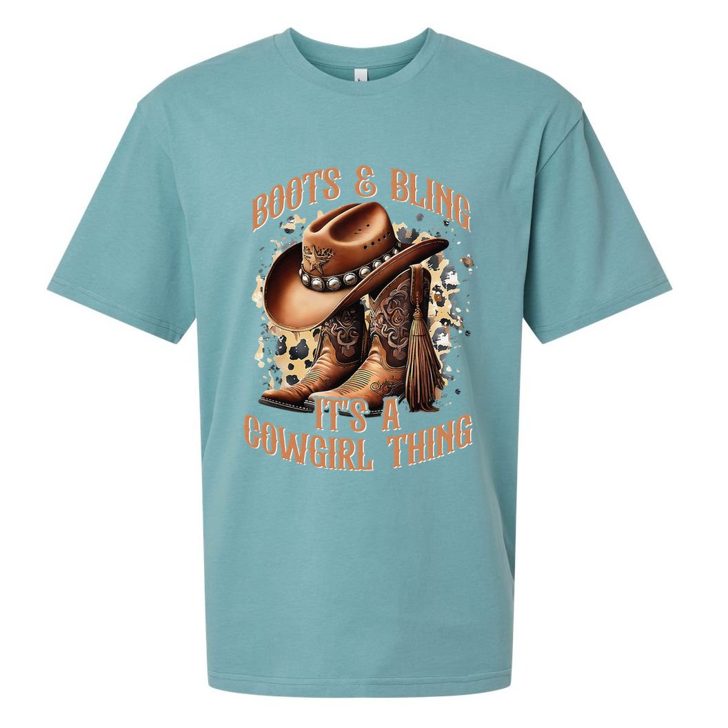 Boots And Bling Its A Cowgirl Thing Cowboy Hat Sueded Cloud Jersey T-Shirt