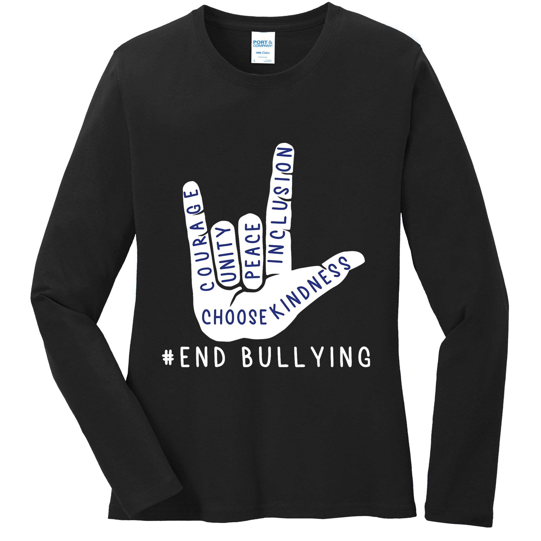 Blue Anti Bullying Love Sign Language Bully Prevention Ladies Long Sleeve Shirt