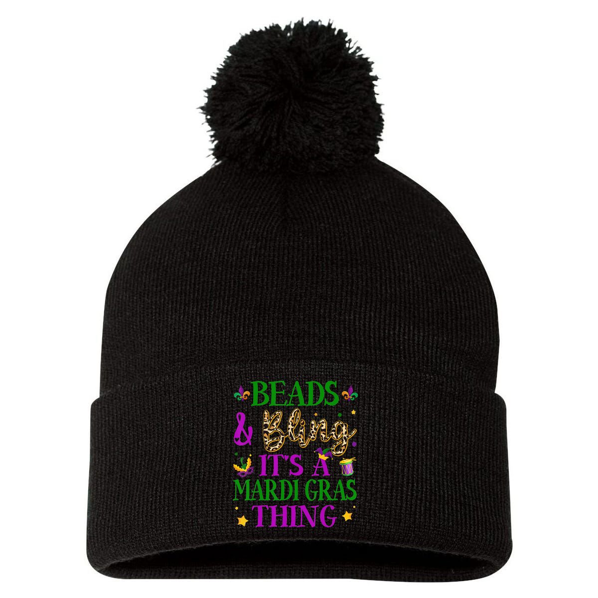 Beads And Bling It's A Mardi Gras Thing Beads And Bling Pom Pom 12in Knit Beanie
