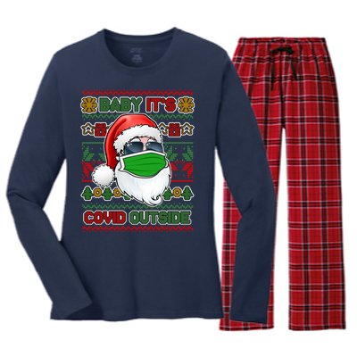 Baby It's Covid Outside Santa Ugly Christmas Sweater Women's Long Sleeve Flannel Pajama Set 