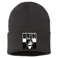 Bruh Angry Cat Funny Antisocial Hillarious Message Sarcasm Sustainable Knit Beanie