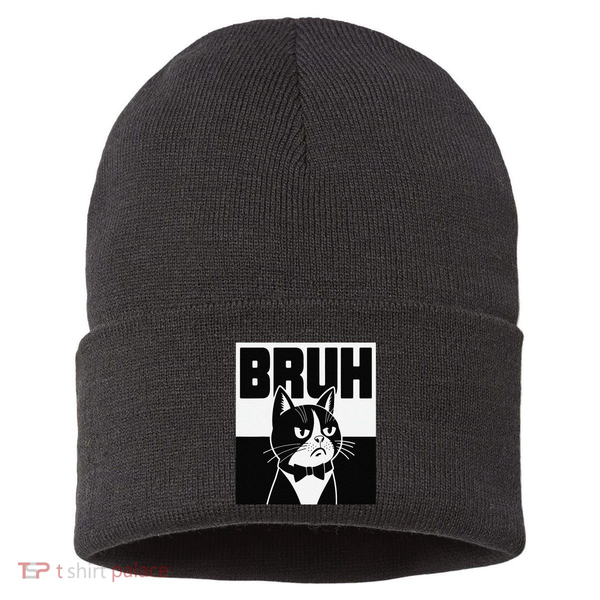 Bruh Angry Cat Funny Antisocial Hillarious Message Sarcasm Sustainable Knit Beanie